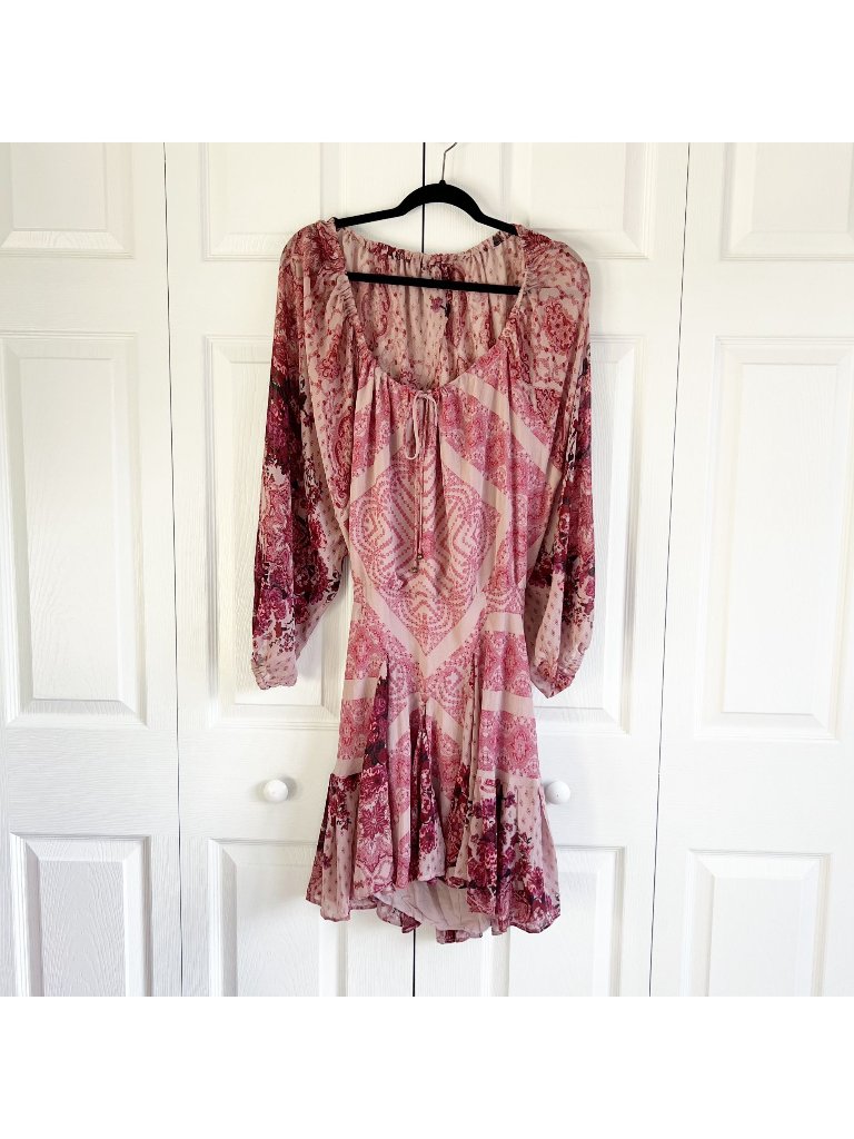 Free People Pink Puff Sleeve Billowy Open Back Mini Dress Women's Size Medium M